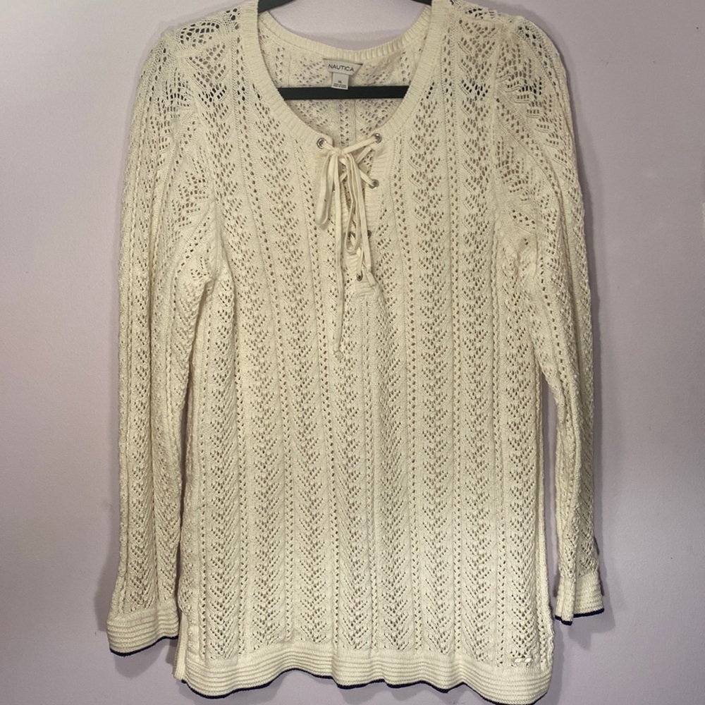 Nautical long white knit top with blue trim